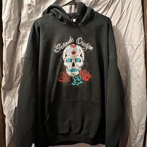 Gildan Black Hoodie with Skull and Rose Design